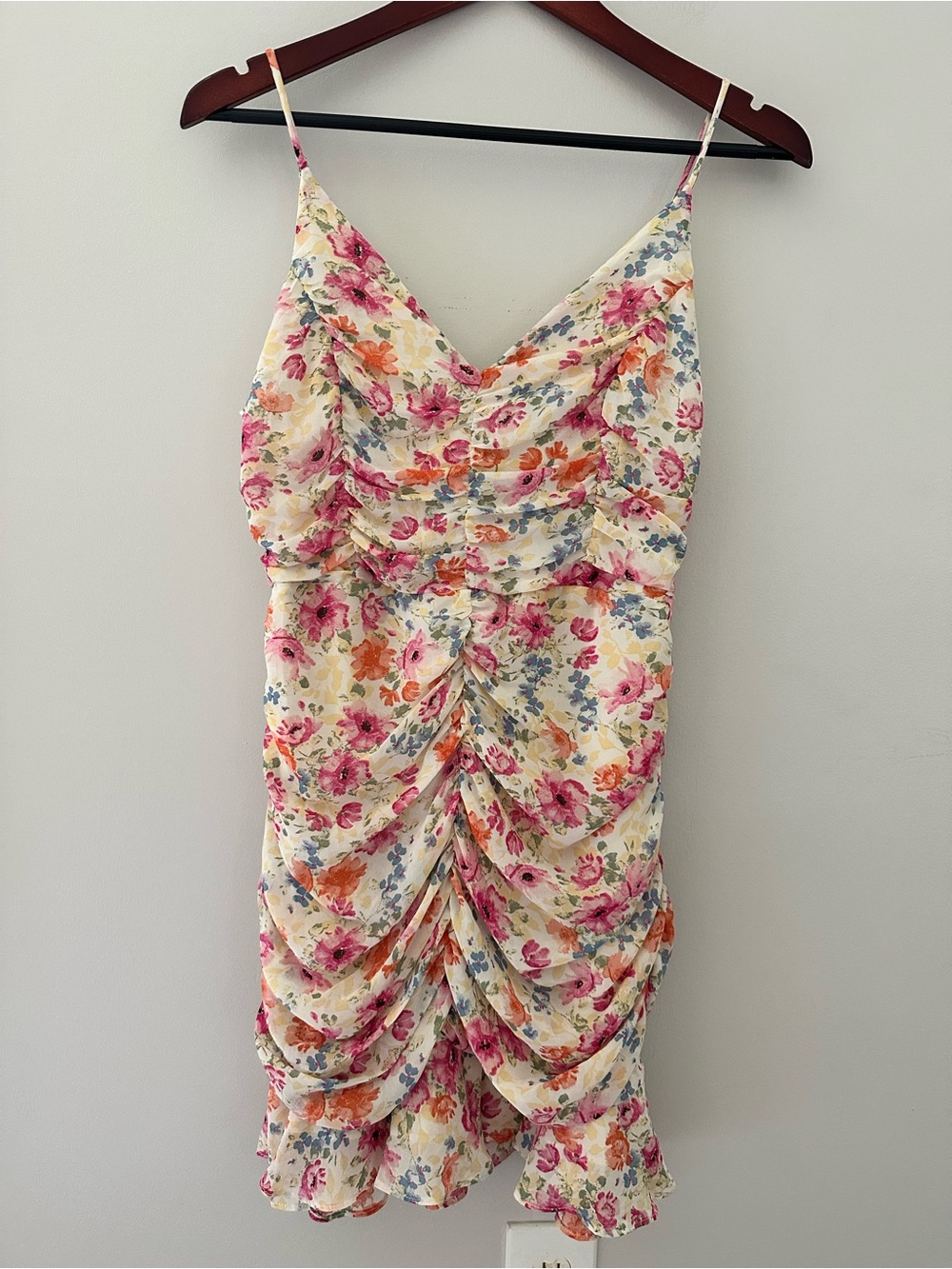ASTR The Label Floral Ruched Flounce Mini Slip Dress -Cream Pink Blue Multicolor - Picture 2 of 14